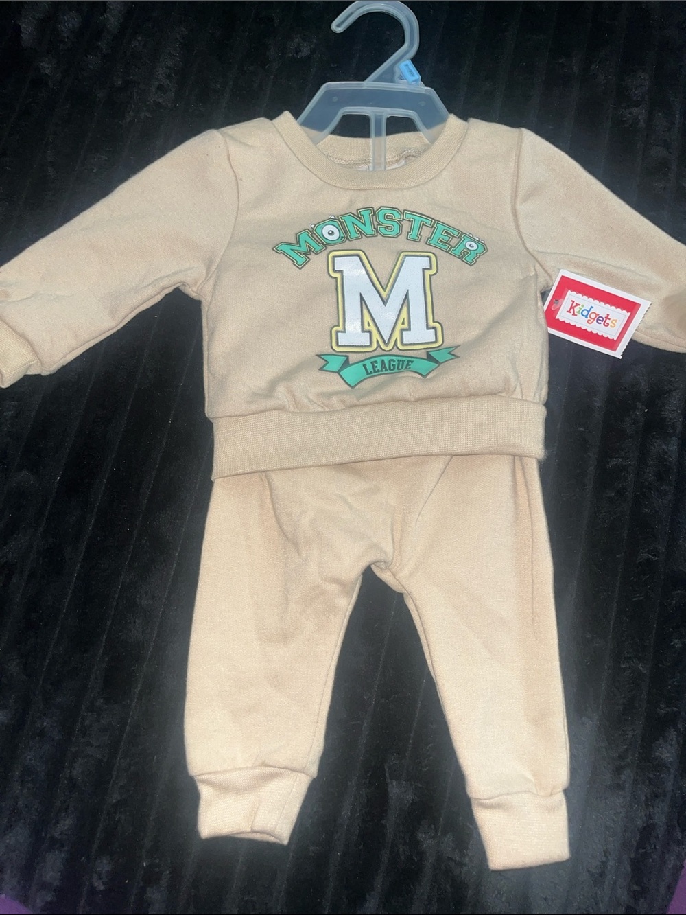 Kidgets Tan Two-Piece 'Monster M' Sweatshirt & Joggers with Green Accent